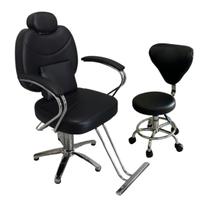 Cadeira Barbeiro Com Mocho Preto IWCBBEM - Importway