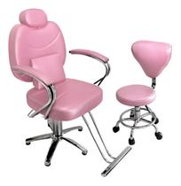 Cadeira Barbeiro Reclinável Hidráulica Base Estrela com Mocho e Descanso Rosa Cadeira Barbeiro Reclinável Hidráulica Base Estrela com Mocho e Descanso Rosa