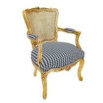 Cadeira de Braço Luiz XV Tecido Pied Poule Encosto Palhinha