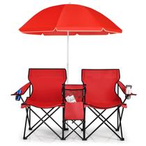 Cadeira de Camping Goplus Dobrável Dupla com Guarda-Sol Vermelha