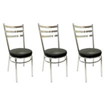 Cadeira de Cozinha Redonda com Reforço Cromada Assento Grosso Preto Kit 3 Unidades