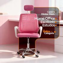 Cadeira de Escritório Ergonômica Diretor Viena Rosa com Tela Mesh, Apoio de Cabeça e Base Giratória