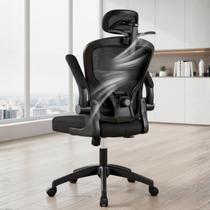 Cadeira de Escritório Ergonômica Presidente Ajuste de Lombar, Encosto Reclinável, Apoio de Cabeça, Braço, Malha Mesh, Preta