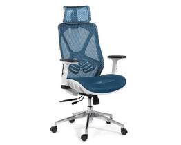 Cadeira de escritorio tela mesh, cor azul e branco, base giratoria cromada