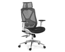 Cadeira de escritorio tela mesh, cor cinza e branco, base giratoria cromada