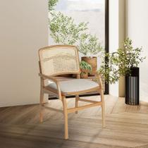 Cadeira de Jantar Florença Madeira Jequitibá Natural com Estofado Linho Bege Encosto de Palha e Braço