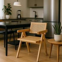 Cadeira de Jantar Madeira com Braço Chandy Assento e Encosto em Palha Trançada para Sala de Estar Varanda Gourmet