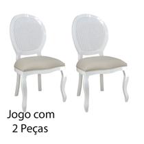 Cadeira de Jantar Medalhão com Tela Branco Brilho e Linho Bege 2 Peças - Soberati