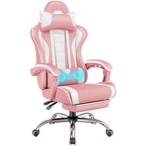Cadeira de jogos Yaheetech com suporte lombar de massagem rosa/branco