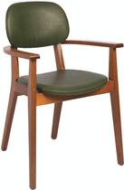 Cadeira de madeira london em tauari amendoa com bracos com estofado verde tramontina