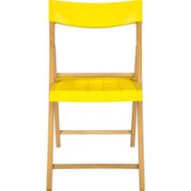 Cadeira de madeira tauari com assento e encosto em plastico amarelo potenza envernizado