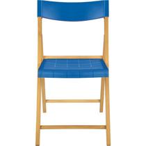 Cadeira de madeira tauari com assento e encosto em plastico azul potenza envernizado