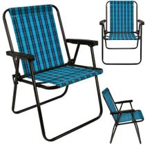 Cadeira de Praia Alta Dobravel Aco Xadrez Azul e Preta Mor