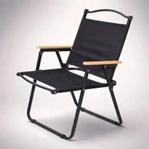Cadeira de Praia Dobrável Reforçada Aço Carbono 150kg Preta Oxford Braços de Madeira Piscina Camping