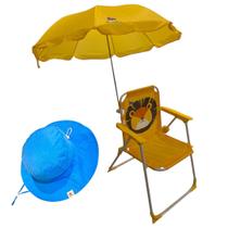 Cadeira de Praia Infantil com Guarda-Sol, Dobrável, Design de Leão, Amarelo Chapéu Azul, para Crianças, com Proteção UV