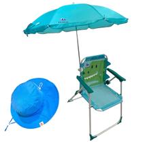 Cadeira de Praia Infantil Dinossauro com Guarda-Sol e Chapéu Azul com fator de proteção UV - RIKABUNI