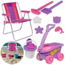 Cadeira de Praia Infantil Rosa + Baldinho, Pazinha, Rastelo Mor