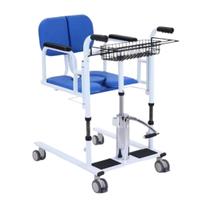 Cadeira de Transferência Móvel com Rodízios, Mesa de Refeição, Suporte para Acessórios, Estrutura Branca e Estofado Azul