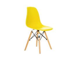 Cadeira decor assento em pp na cor amarelo, base estilo eiffel madeira