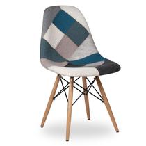 Cadeira Eiffel Sem Braços - Base Madeira - Assento Patchwork Azul E Cinza