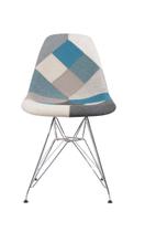 Cadeira Eiffel Sem Braços - Base Metal Cromada - Assento Patchwork Azul E Cinza