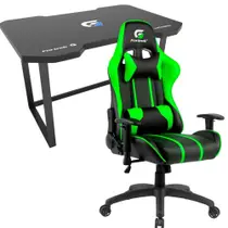 Cadeira Escritório Gamer Verde de Alto Conforto Fortrek Rodinhas Ajuste de encosto e Almofada Para Cabeça e Lombar + Mesa Gamer Reforçada Fortrek Vickers