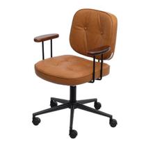 Cadeira Escritório Giratória Ancara Or Design Revest PU Caramelo Braços em Madeira Base Rodízio Cadeira Escritório Giratória Ancara Or Design Revest PU Caramelo Braços em Madeira Base Rodízio