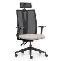 Cadeira Escritório Giratória Presidente Flow F02 Base Preta Linho Bege Claro - Lyam Decor