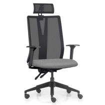 Cadeira Escritório Giratória Presidente Flow F02 Base Preta Linho Cinza Escuro - Lyam Decor
