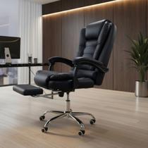 Cadeira Escritório Presidente Lincoln Ergonômica material sintético Preto Base Cromada Com Rodízios Encosto Reclinável Apoio Para Pernas
