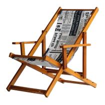 Cadeira Espreguiçadeira Preguiçosa Dobrável Envernizada Mel em Madeira Maciça Tecido Impermeável Cor Jornal Com Braço