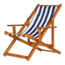 Cadeira Espreguiçadeira Preguiçosa Dobrável Envernizada Mel em Madeira Maciça Tecido Impermeável Listrado Azul e BrancoCom Braço