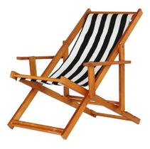 Cadeira Espreguiçadeira Preguiçosa Dobrável Envernizada Mel em Madeira Maciça Tecido Impermeável Listrado Preto e Branco Com Braço Cadeira Espreguiçadeira Preguiçosa Dobrável Envernizada Mel em Madeira Maciça Tecido Impermeável Listrado Preto e Branco Com Braço
