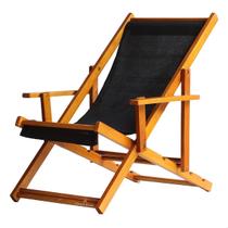 Cadeira Espreguiçadeira Preguiçosa Dobrável Envernizada Mel em Madeira Maciça Tecido Impermeável Preto Com Braço
