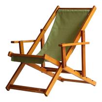 Cadeira Espreguiçadeira Preguiçosa Dobrável Envernizada Mel em Madeira Maciça Tecido Verde Impermeável Com Braço