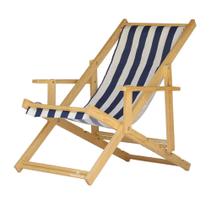 Cadeira Espreguiçadeira Preguiçosa Dobrável Madeira Maciça Natural Com Tecido Listrado Azul e Branco
