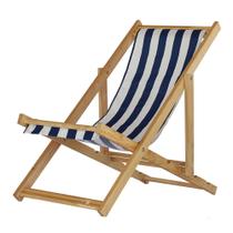 Cadeira Espreguiçadeira Preguiçosa Dobrável Sem Braço Madeira Maciça Natural Com Tecido Listrado Azul e Branco - Móveis Brasil