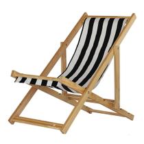 Cadeira Espreguiçadeira Preguiçosa Dobrável Sem Braço Madeira Maciça Natural Com Tecido Listrado Preto e Branco - Móveis Brasil