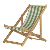 Cadeira Espreguiçadeira Preguiçosa Dobrável Sem Braço Madeira Maciça Natural Com Tecido Listrado Verde e Branco