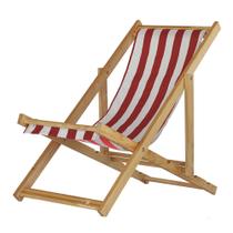 Cadeira Espreguiçadeira Preguiçosa Dobrável Sem Braço Madeira Maciça Natural Com Tecido Listrado Vermelho e Branco