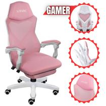 Cadeira Gamer Escritório Rocket Branca Com Rosa Cgr10brs de Alto Conforto, Apoio Almofadado Para Pés e Braços - Vinik