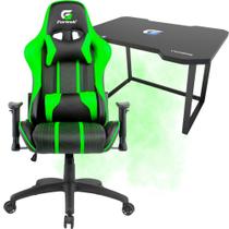 Cadeira Gamer Giratória Profissional Fortrek Verde Com Rodinhas e Ajuste de Altura Apoio Para Cabeça e Almofada Para as Costas + Mesa Gamer Vickers Preta