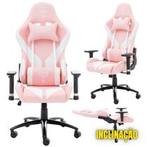 Cadeira Gamer MOUNT Pink/White de Alta Resistência Giratória com Rodinhas, Ajuste Lateral Ombro e Encosto Para Jogos Suporta até 150kg