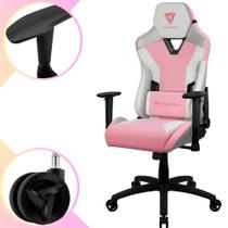Cadeira Gamer Para Escritório Alto Conforto Com Almofada Ergonômica Para Lombar e Apoio de Pescoço e Braço Bidirecional Com Base de Metal e Giratória Cor Branca de Rosa - ThunderX3