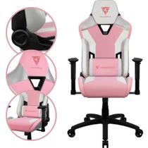 Cadeira Gamer ThunderX3 Para Escritório Com Couro PU e Fibra de Carbono Apoio de Lombar Com Almofada Ergonômica Base de Metal e Giratória Suporta Até 120Kg Cor Rosa e Branca