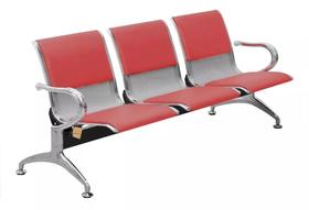 Cadeira Longarina Cromada 3 Lugares Com Estofado Vermelho