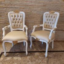 Cadeira Luís XV com Braços Em Madeira Maciça Laca Branca Estofado Tom Champagne