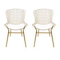 Cadeira para Cozinha Bertoia cor Dourado Fosco assento branco tubular 2 Unidades