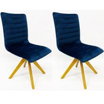 Cadeira para Jantar modelo Jaque Gomada Veludo Azul Marinho base madeira giratória Kit de duas unidades