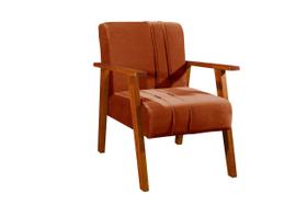cadeira poltrona estilo retro com pes de madeira tecido cor terracota